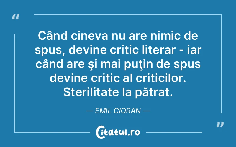 Când cineva nu are nimic de spus, devine critic literar - iar când are şi mai puţin de spus devine critic al criticilor. Sterilitate la pătrat. Emil Cioran