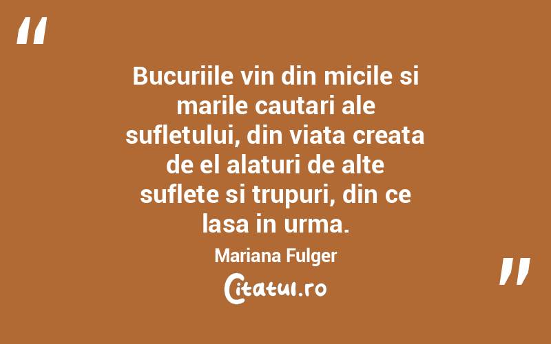 Bucuriile vin din micile si marile cautari ale sufletului, din viata creata de el alaturi de alte suflete si trupuri, din ce lasa in urma. Mariana Fulger