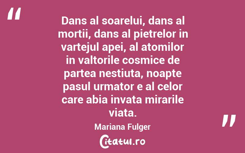 Dans al soarelui, dans al mortii, dans al pietrelor in vartejul apei, al atomilor in valtorile cosmice de partea nestiuta, noapte pasul urmator e al celor care abia invata mirarile viata. Mariana Fulger