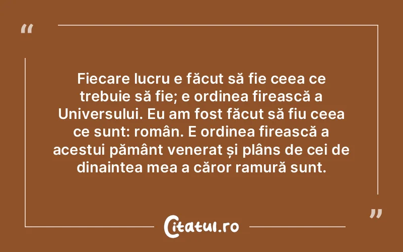 Fiecare lucru e făcut să fie ceea ce trebuie să fie; e ordinea firească a Universului. Eu am fost făcut să fiu ceea ce sunt: român. E ordinea firească a acestui pământ venerat și plâns de cei de dinaintea mea a căror ramură sunt.