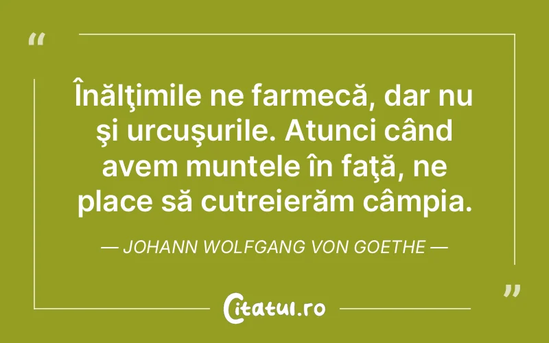 Înălţimile ne farmecă, dar nu şi urcuşurile. Atunci când avem muntele în faţă, ne place să cutreierăm câmpia. Johann Wolfgang von Goethe