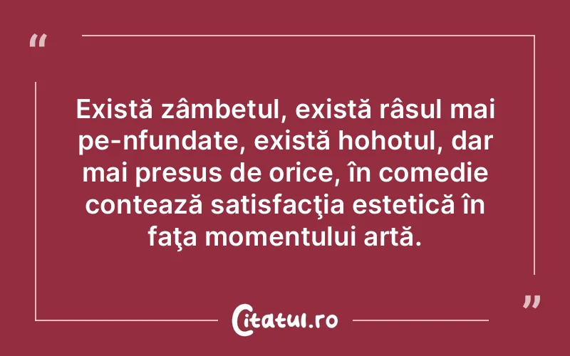 Există zâmbetul, există râsul mai pe-nfundate, există hohotul, dar mai presus de orice, în comedie contează satisfacţia estetică în faţa momentului artă.