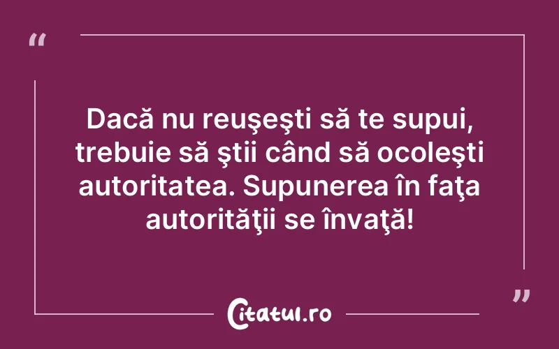 Dacă nu reuşeşti să te supui, trebuie să ştii când să ocoleşti autoritatea. Supunerea în faţa autorităţii se învaţă!