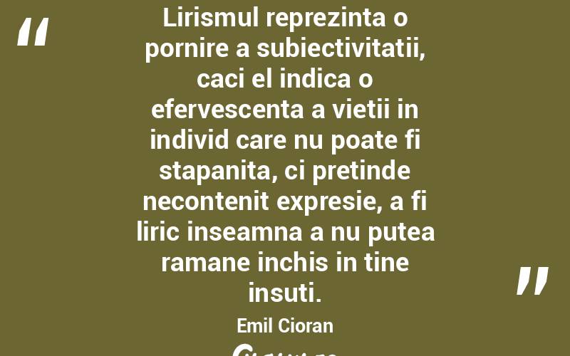 Lirismul reprezinta o pornire a subiectivitatii, caci el indica o efervescenta a vietii in individ care nu poate fi stapanita, ci pretinde necontenit expresie, a fi liric inseamna a nu putea ramane inchis in tine insuti. Emil Cioran