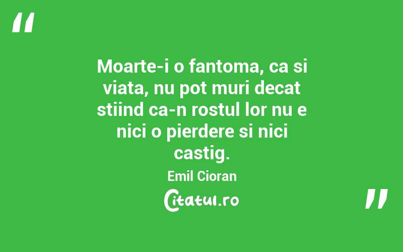 Moarte-i o fantoma, ca si viata, nu pot muri decat stiind ca-n rostul lor nu e nici o pierdere si nici castig. Emil Cioran