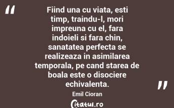 Fiind una cu viata, esti timp, traindu-l, mori impreuna cu el, fara indoieli si fara chin, sanatatea perfecta se realizeaza in asimilarea temporala, pe cand starea de boala este o disociere echivalenta. Emil Cioran...
