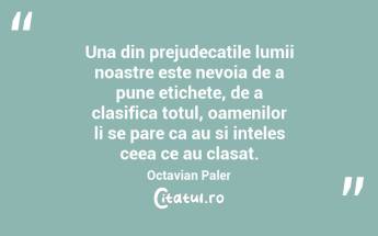 Una din prejudecatile lumii noastre este nevoia de a pune etichete, de a clasifica totul, oamenilor li se pare ca au si inteles ceea ce au clasat. Octavian Paler...