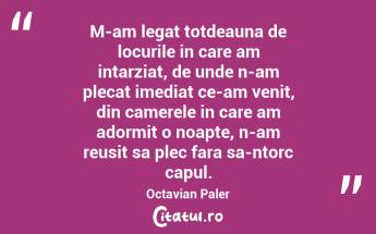 M-am legat totdeauna de locurile in care am intarziat, de unde n-am plecat imediat ce-am venit, din camerele in care am adormit o noapte, n-am reusit sa plec fara sa-ntorc capul. Octavian Paler...