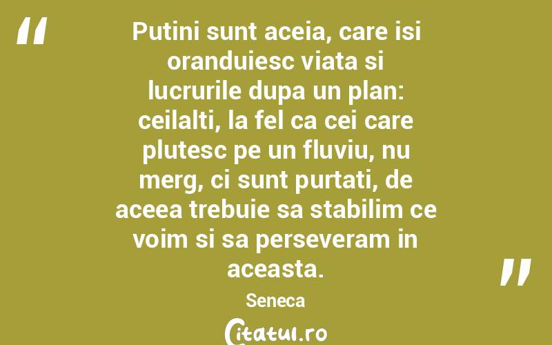 Putini sunt aceia, care isi oranduiesc viata si lucrurile dupa un plan: ceilalti, la fel ca cei care plutesc pe un fluviu, nu merg, ci sunt purtati, de aceea trebuie sa stabilim ce voim si sa perseveram in aceasta. Seneca