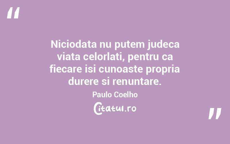 Niciodata nu putem judeca viata celorlati, pentru ca fiecare isi cunoaste propria durere si renuntare. Paulo Coelho
