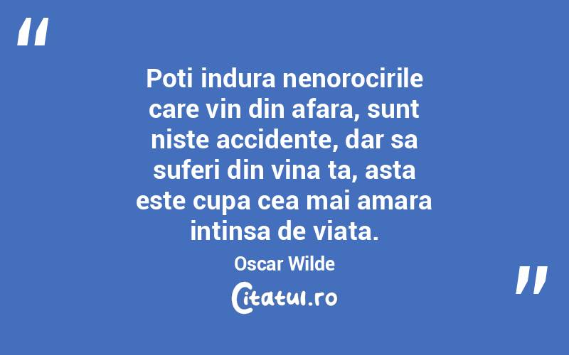 Poti indura nenorocirile care vin din afara, sunt niste accidente, dar sa suferi din vina ta, asta este cupa cea mai amara intinsa de viata. Oscar Wilde