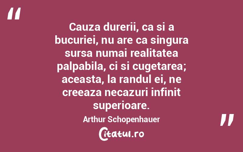 Cauza durerii, ca si a bucuriei, nu are ca singura sursa numai realitatea palpabila, ci si cugetarea; aceasta, la randul ei, ne creeaza necazuri infinit superioare. Arthur Schopenhauer