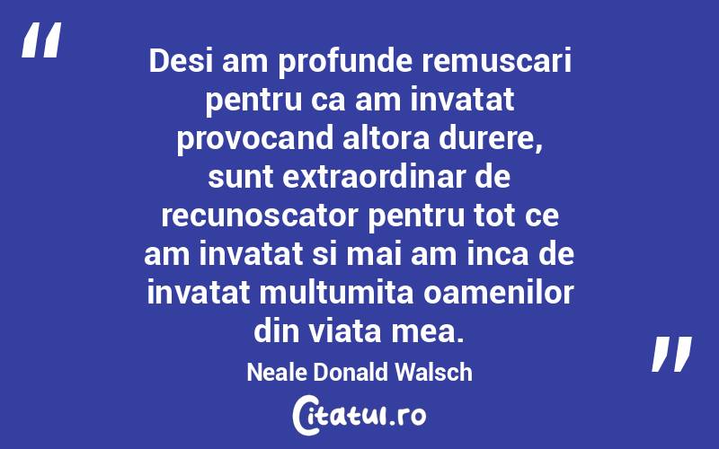 Desi am profunde remuscari pentru ca am invatat provocand altora durere, sunt extraordinar de recunoscator pentru tot ce am invatat si mai am inca de invatat multumita oamenilor din viata mea. Neale Donald Walsch