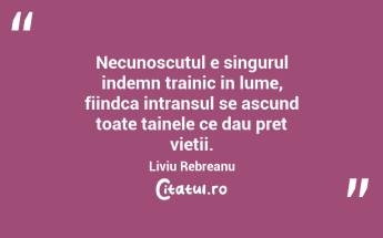 Necunoscutul e singurul indemn trainic in lume, fiindca intransul se ascund toate tainele ce dau pret vietii. Liviu Rebreanu...