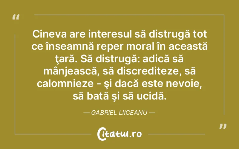 Cineva are interesul să distrugă tot ce înseamnă reper moral în această ţară. Să distrugă: adică să mânjească, să discrediteze, să calomnieze - şi dacă este nevoie, să bată şi să ucidă. Gabriel Liiceanu