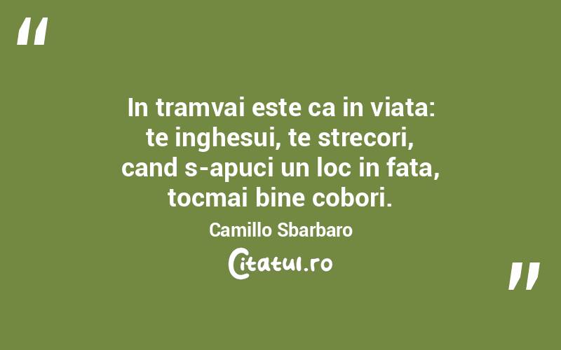In tramvai este ca in viata: te inghesui, te strecori, cand s-apuci un loc in fata, tocmai bine cobori.  Camillo Sbarbaro