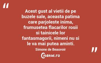 Acest gust al vietii de pe buzele sale, aceasta patima care parjoleste inima, frumusetea flacarilor rosii si tainicele lor fantasmagorii, nimeni nu si le va mai putea aminti. Simone de Beauvoir...