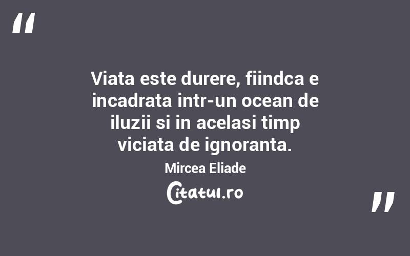 Viata este durere, fiindca e incadrata intr-un ocean de iluzii si in acelasi timp viciata de ignoranta. Mircea Eliade