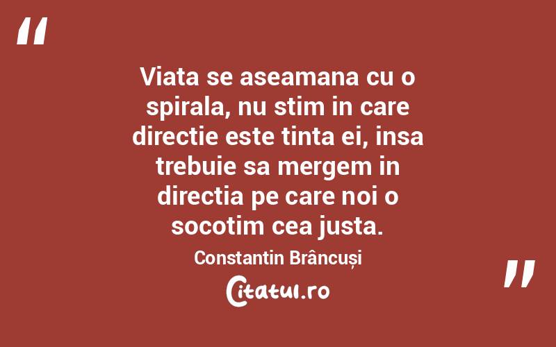 Viata se aseamana cu o spirala, nu stim in care directie este tinta ei, insa trebuie sa mergem in directia pe care noi o socotim cea justa. Constantin Brâncuși