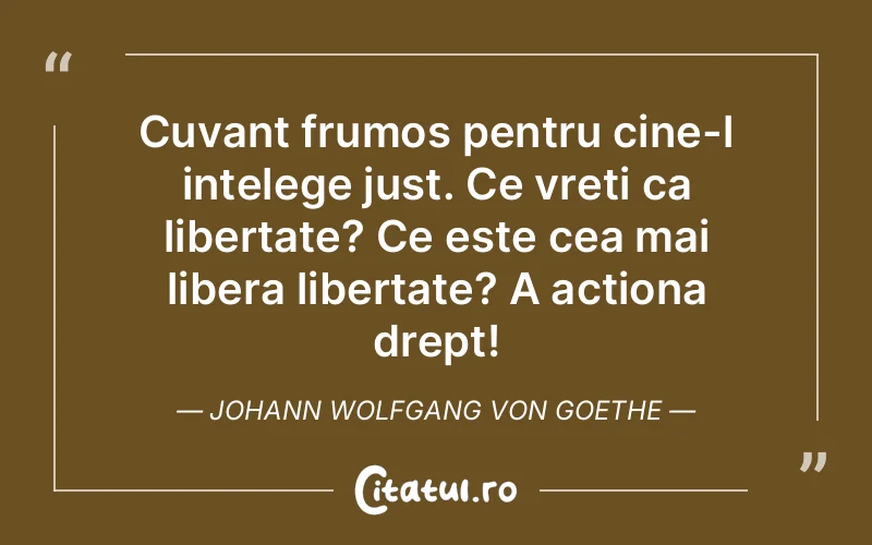 Cuvant frumos pentru cine-l intelege just. Ce vreti ca libertate? Ce este cea mai libera libertate? A actiona drept! Johann Wolfgang von Goethe