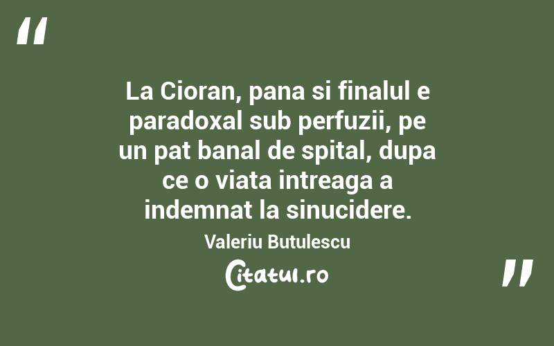 La Cioran, pana si finalul e paradoxal sub perfuzii, pe un pat banal de spital, dupa ce o viata intreaga a indemnat la sinucidere. Valeriu Butulescu