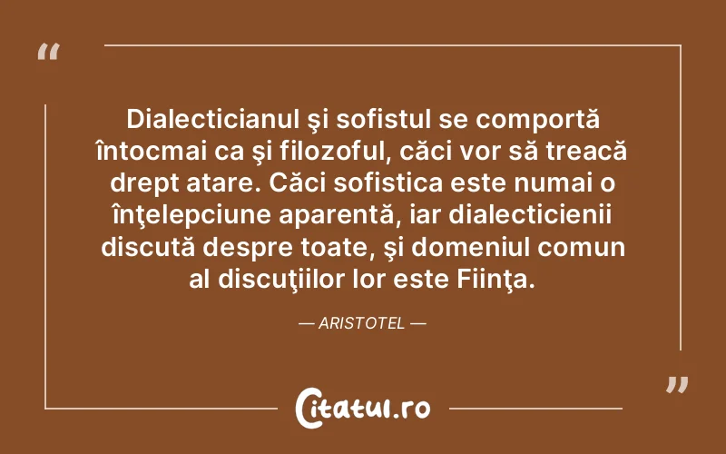 Dialecticianul şi sofistul se comportă întocmai ca şi filozoful, căci vor să treacă drept atare. Căci sofistica este numai o înţelepciune aparentă, iar dialecticienii discută despre toate, şi domeniul comun al discuţiilor lor este Fiinţa. Aristotel