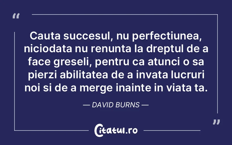 Cauta succesul, nu perfectiunea, niciodata nu renunta la dreptul de a face greseli, pentru ca atunci o sa pierzi abilitatea de a invata lucruri noi si de a merge inainte in viata ta. David Burns