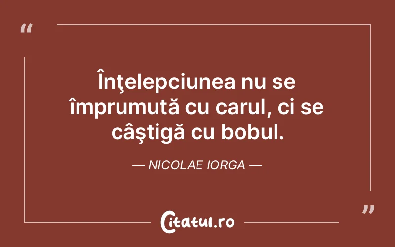 Înţelepciunea nu se împrumută cu carul, ci se câştigă cu bobul. Nicolae Iorga