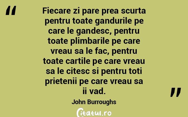 Fiecare zi pare prea scurta pentru toate gandurile pe care le gandesc, pentru toate plimbarile pe care vreau sa le fac, pentru toate cartile pe care vreau sa le citesc si pentru toti prietenii pe care vreau sa ii vad. John Burroughs