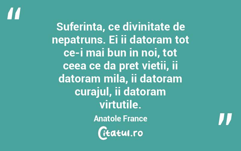 Suferinta, ce divinitate de nepatruns. Ei ii datoram tot ce-i mai bun in noi, tot ceea ce da pret vietii, ii datoram mila, ii datoram curajul, ii datoram virtutile. Anatole France