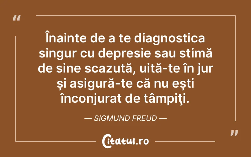 Înainte de a te diagnostica singur cu depresie sau stimă de sine scazută, uită-te în jur şi asigură-te că nu eşti înconjurat de tâmpiţi. Sigmund Freud