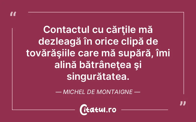 Contactul cu cărţile mă dezleagă în orice clipă de tovărăşiile care mă supără, îmi alină bătrâneţea şi singurătatea. Michel de Montaigne