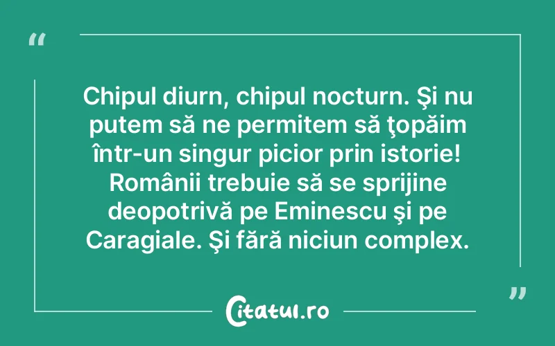 Chipul diurn, chipul nocturn. Şi nu putem să ne permitem să ţopăim într-un singur picior prin istorie! Românii trebuie să se sprijine deopotrivă pe Eminescu şi pe Caragiale. Şi fără niciun complex.