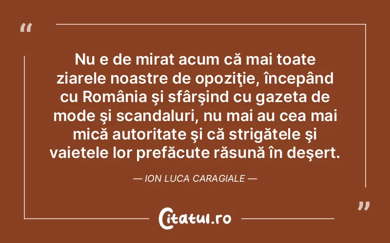 Nu e de mirat acum că mai toate ziarele noastre de opoziţie, începând cu România şi sfârşind cu gazeta de mode şi scandaluri, nu mai au cea mai mică autoritate şi că strigătele şi vaietele lor prefăcute răsună în deşert. Ion Luca Caragiale