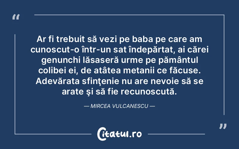 Ar fi trebuit să vezi pe baba pe care am cunoscut-o într-un sat îndepărtat, ai cărei genunchi lăsaseră urme pe pământul colibei ei, de atâtea metanii ce făcuse. Adevărata sfinţenie nu are nevoie să se arate şi să fie recunoscută. Mircea Vulcanescu