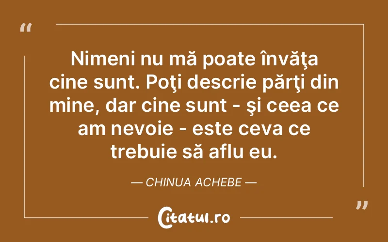 Nimeni nu mă poate învăţa cine sunt. Poţi descrie părţi din mine, dar cine sunt - şi ceea ce am nevoie - este ceva ce trebuie să aflu eu. Chinua Achebe
