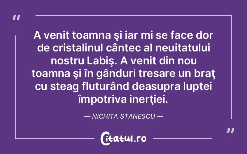 A venit toamna şi iar mi se face dor de cristalinul cântec al neuitatului nostru Labiş. A venit din nou toamna şi în gânduri tresare un braţ cu steag fluturând deasupra luptei împotriva inerţiei. Nichita Stanescu