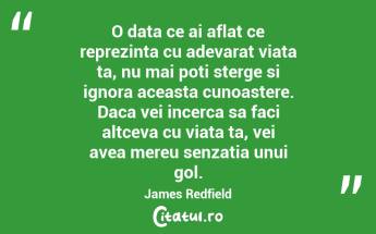 O data ce ai aflat ce reprezinta cu adevarat viata ta, nu mai poti sterge si ignora aceasta cunoastere. Daca vei incerca sa faci altceva cu viata ta, vei avea mereu senzatia unui gol. James Redfield...