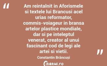 Am reintalnit in Aforismele si textele lui Brancusi acel urias reformator, commis-voiageur in bransa artelor plastice mondiale, dar si pe inteleptul venerat, creator al unui fascinant cod de legi ale artei si vietii. Constantin Brâncuși...