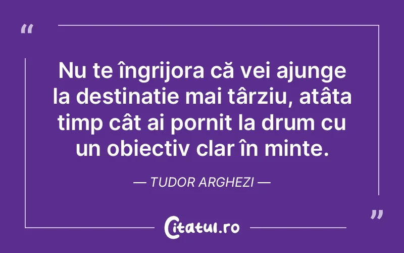 Nu te îngrijora că vei ajunge la destinație mai târziu, atâta timp cât ai pornit la drum cu un obiectiv clar în minte. Tudor Arghezi