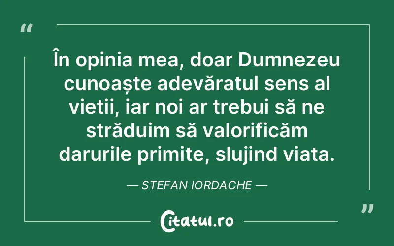 În opinia mea, doar Dumnezeu cunoaște adevăratul sens al vieții, iar noi ar trebui să ne străduim să valorificăm darurile primite, slujind viața. Stefan Iordache
