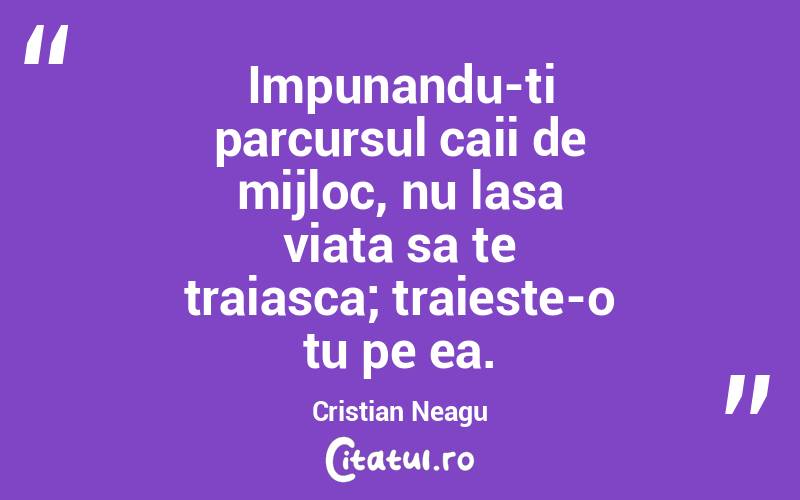 Impunandu-ti parcursul caii de mijloc, nu lasa viata sa te traiasca; traieste-o tu pe ea. Cristian Neagu
