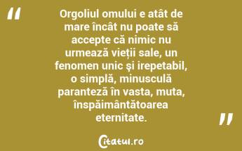 Orgoliul omului e atât de mare încât nu poate să accepte că nimic nu urmează vieţii sale, un fenomen unic şi irepetabil, o simplă, minusculă paranteză în vasta, muta, înspăimântătoarea eternitate. ...
