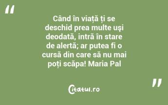 Când în viaţă ţi se deschid prea multe uşi deodată, intră în stare de alertă; ar putea fi o cursă din care să nu mai poţi scăpa! Maria Pal...
