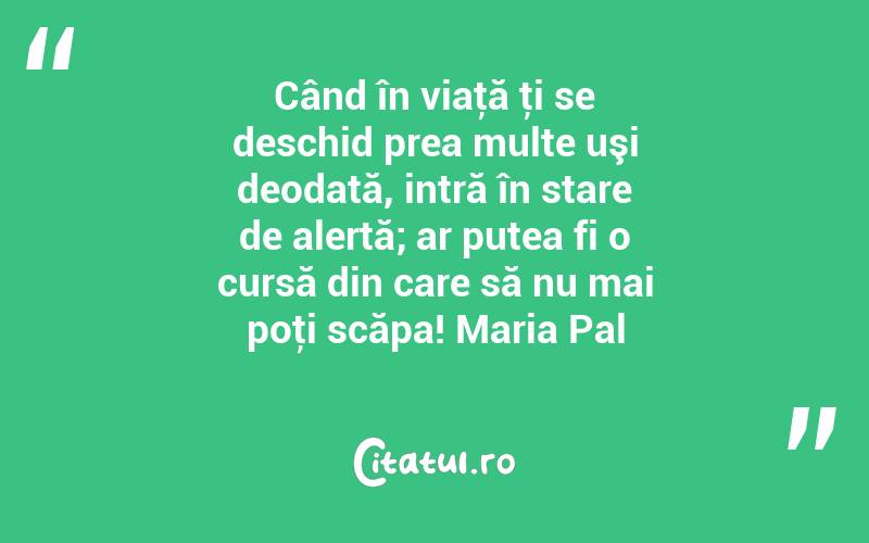 Când în viaţă ţi se deschid prea multe uşi deodată, intră în stare de alertă; ar putea fi o cursă din care să nu mai poţi scăpa! Maria Pal
