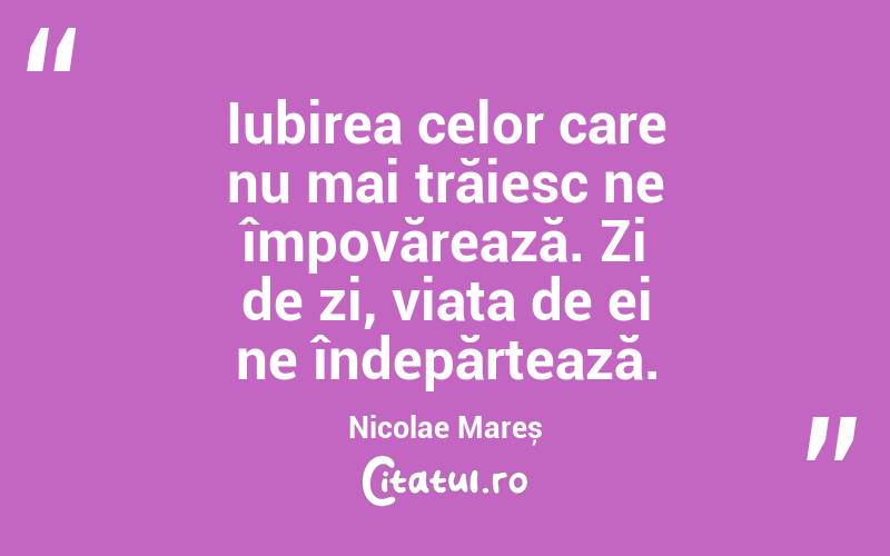 Iubirea celor care nu mai trăiesc ne împovărează. Zi de zi, viața de ei ne îndepărtează. Nicolae Mareș
