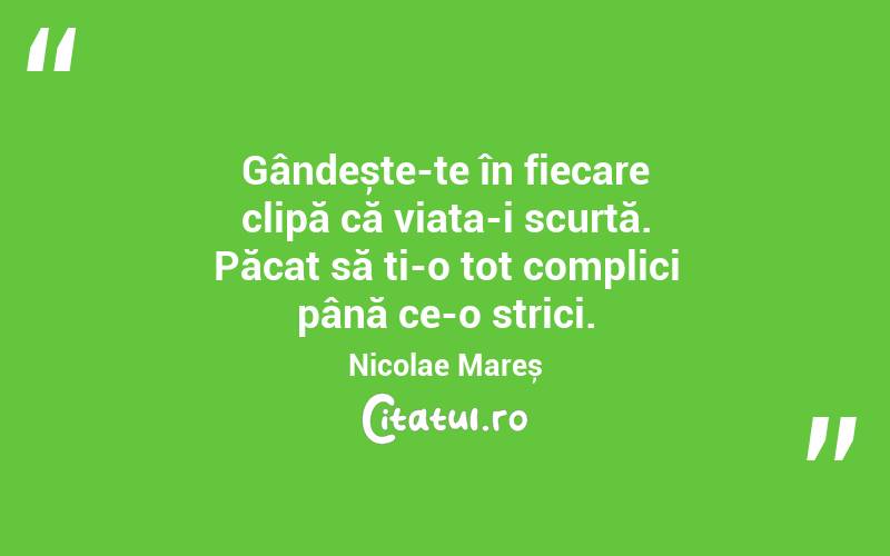 Gândește-te în fiecare clipă că viața-i scurtă. Păcat să ți-o tot complici până ce-o strici. Nicolae Mareș
