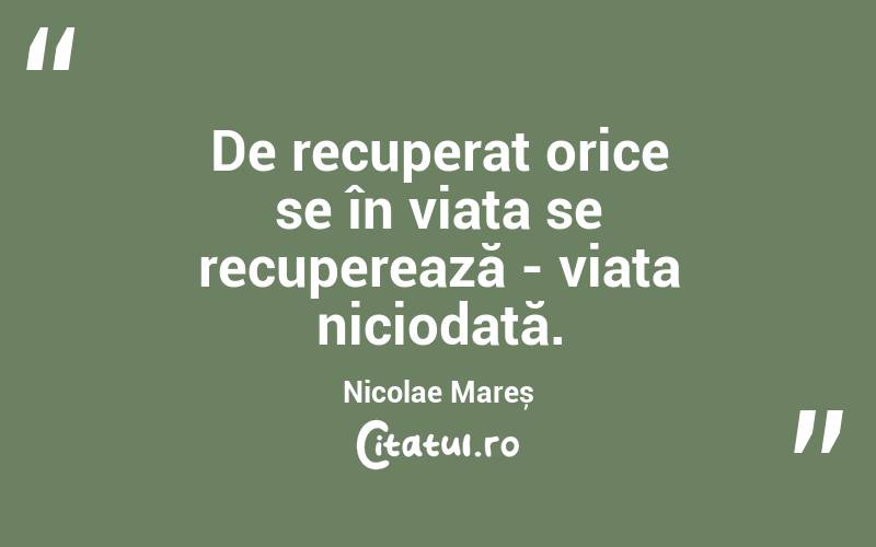 De recuperat orice se în viața se recuperează - viața niciodată. Nicolae Mareș