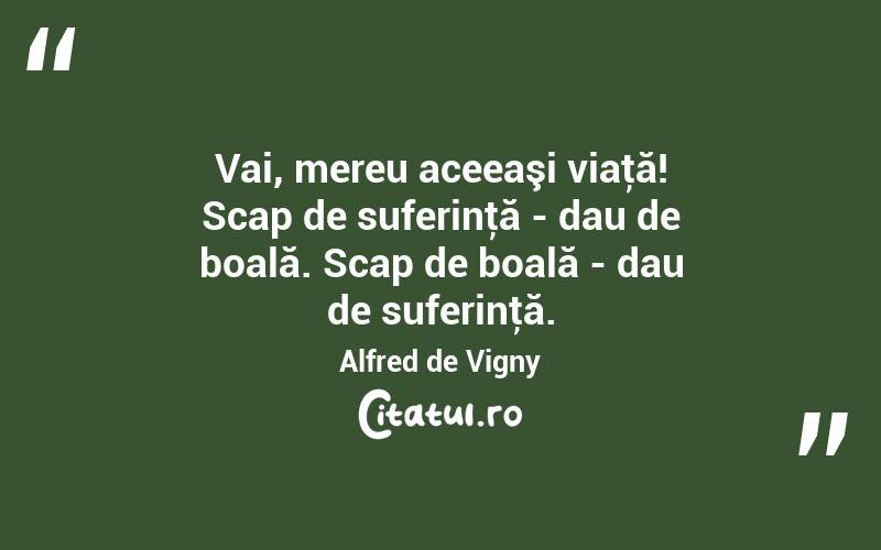 Vai, mereu aceeaşi viaţă! Scap de suferinţă - dau de boală. Scap de boală - dau de suferinţă. Alfred de Vigny
