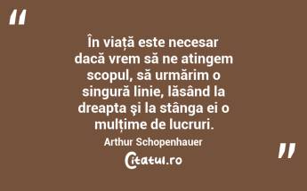 În viaţă este necesar dacă vrem să ne atingem scopul, să urmărim o singură linie, lăsând la dreapta şi la stânga ei o mulţime de lucruri. Arthur Schopenhauer...